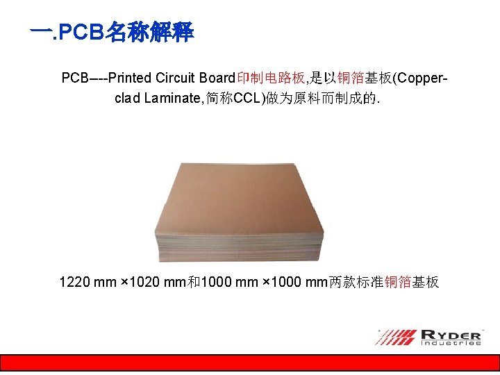 一. PCB名称解释 PCB----Printed Circuit Board印制电路板, 是以铜箔基板(Copperclad Laminate, 简称CCL)做为原料而制成的. 1220 mm × 1020 mm和1000 mm