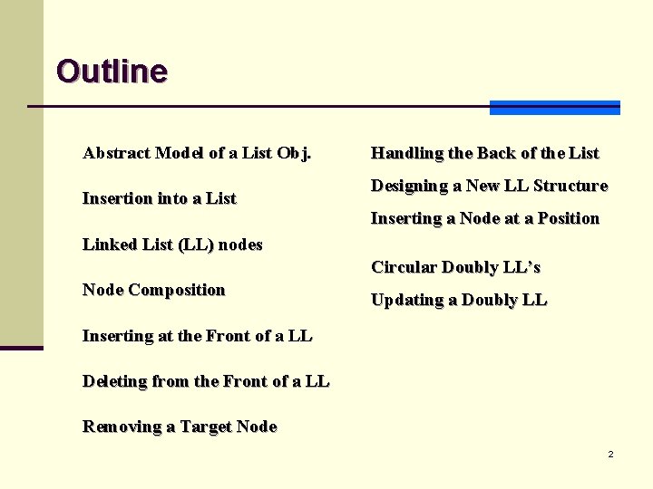 Outline Abstract Model of a List Obj. Insertion into a List Handling the Back