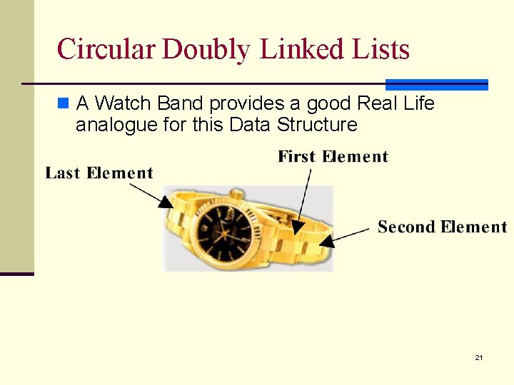 Circular Doubly Linked Lists n A Watch Band provides a good Real Life analogue