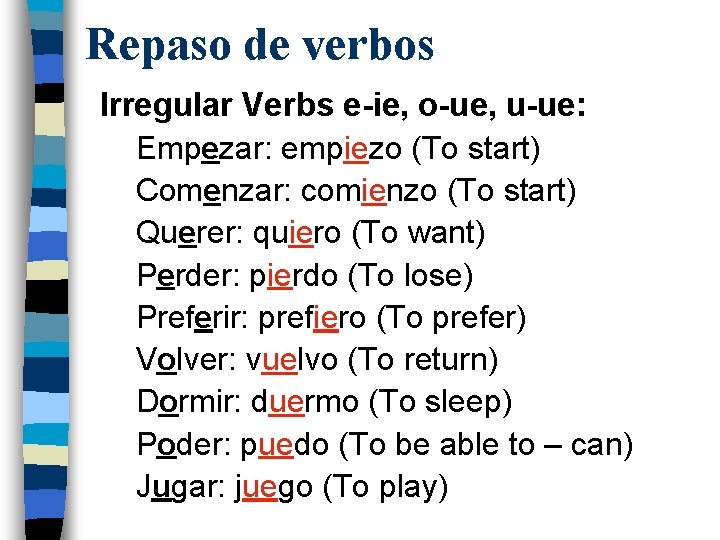 Repaso de verbos Irregular Verbs e-ie, o-ue, u-ue: Empezar: empiezo (To start) Comenzar: comienzo