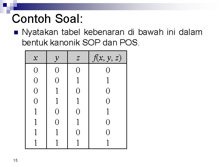 Contoh Soal: n Nyatakan tabel kebenaran di bawah ini dalam bentuk kanonik SOP dan