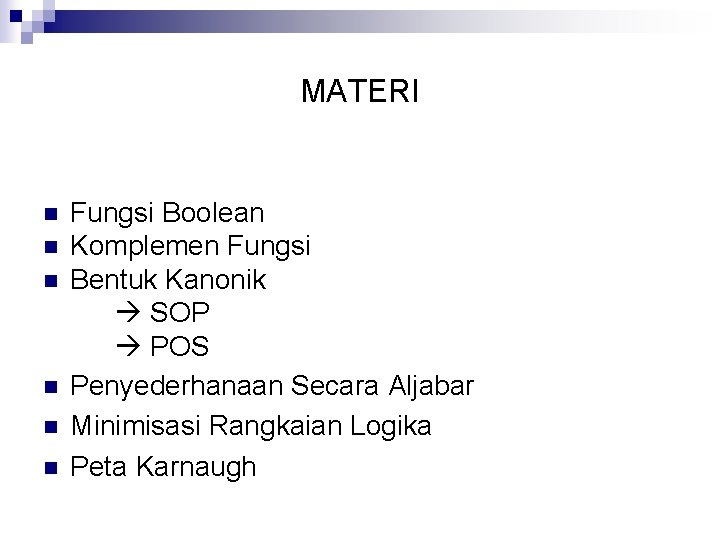 MATERI n n n Fungsi Boolean Komplemen Fungsi Bentuk Kanonik SOP POS Penyederhanaan Secara