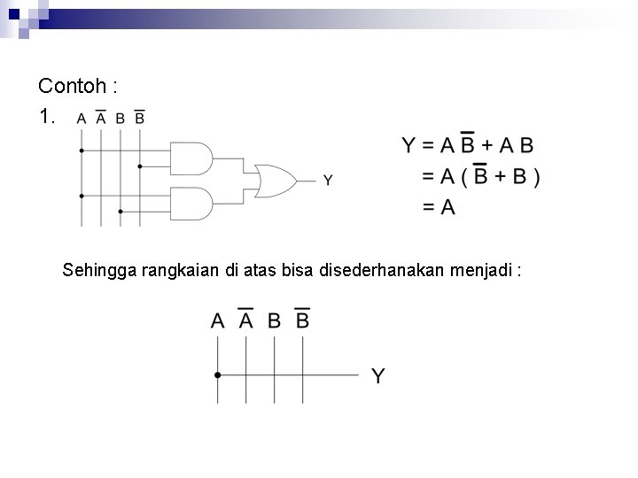 Contoh : 1. Sehingga rangkaian di atas bisa disederhanakan menjadi : 