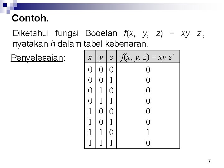 Contoh. Diketahui fungsi Booelan f(x, y, z) = xy z’, nyatakan h dalam tabel