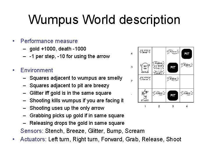 Wumpus World description • Performance measure – gold +1000, death -1000 – -1 per