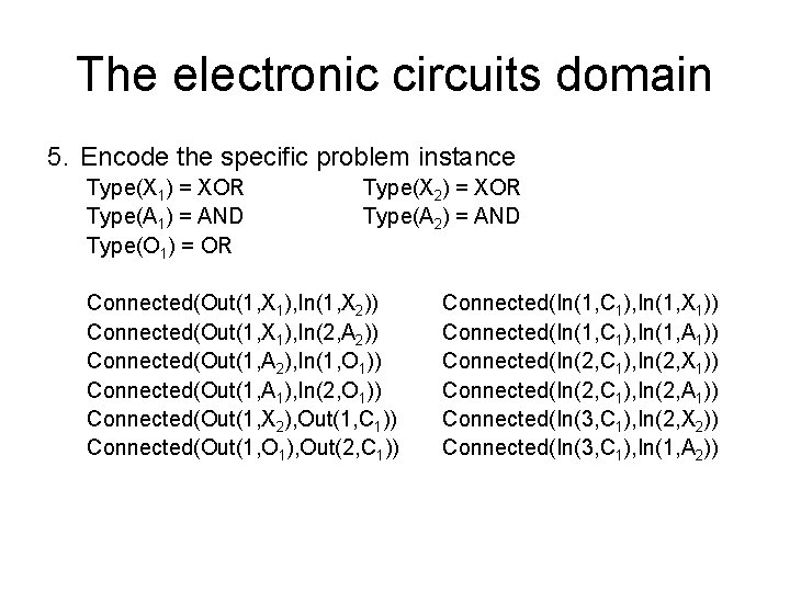 The electronic circuits domain 5. Encode the specific problem instance Type(X 1) = XOR