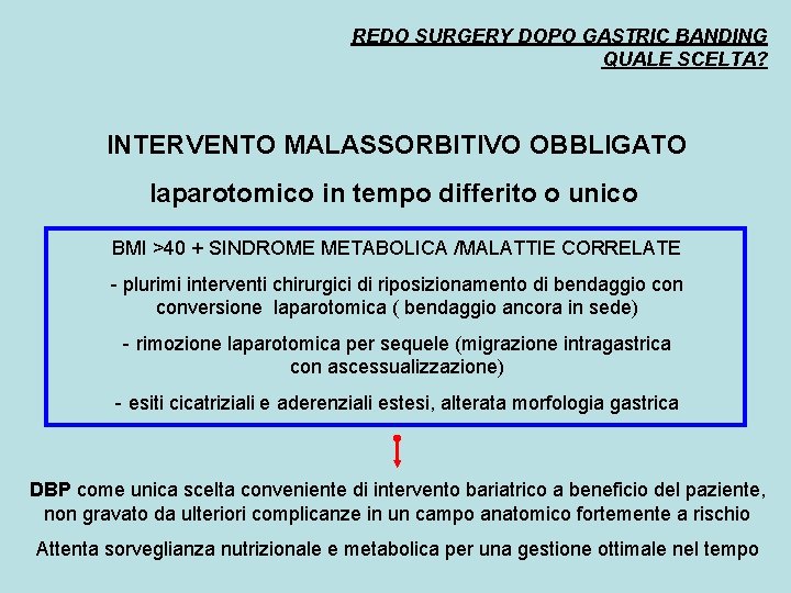 REDO SURGERY DOPO GASTRIC BANDING QUALE SCELTA? INTERVENTO MALASSORBITIVO OBBLIGATO laparotomico in tempo differito