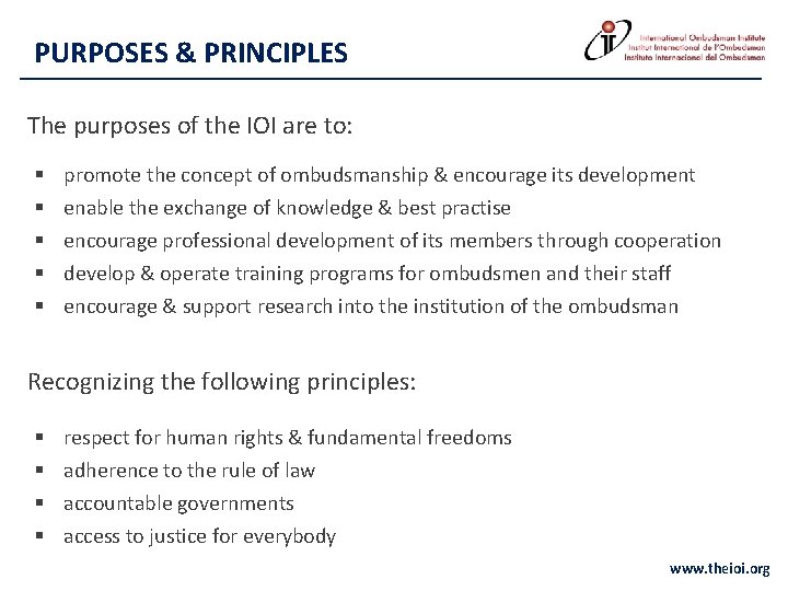 PURPOSES & PRINCIPLES The purposes of the IOI are to: § § § promote