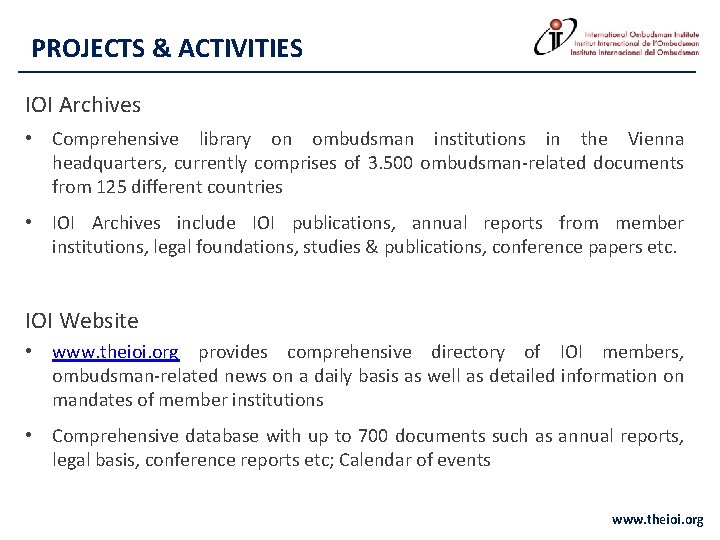 PROJECTS & ACTIVITIES IOI Archives • Comprehensive library on ombudsman institutions in the Vienna