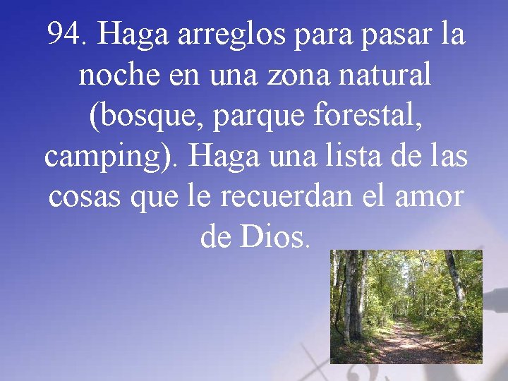 94. Haga arreglos para pasar la noche en una zona natural (bosque, parque forestal,