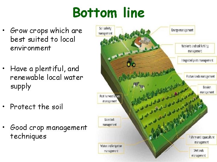Bottom line • Grow crops which are best suited to local environment • Have