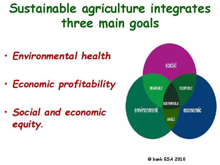 Sustainable agriculture integrates three main goals • Environmental health • Economic profitability • Social