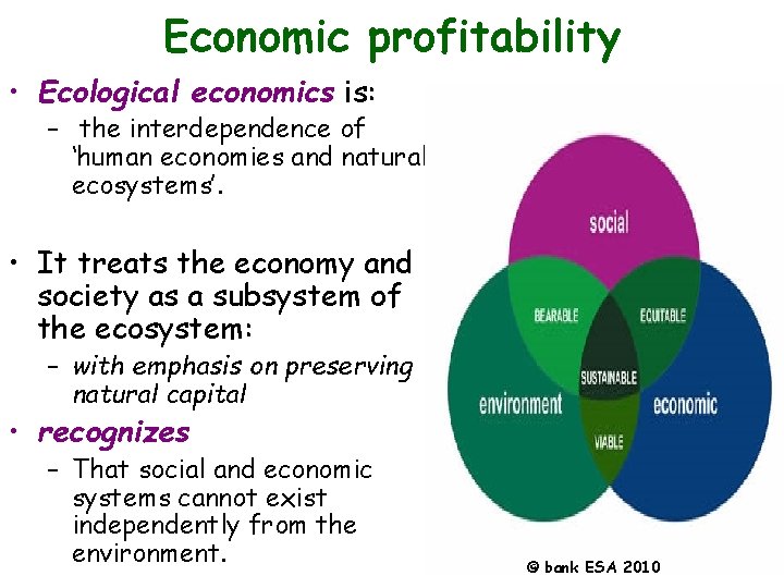Economic profitability • Ecological economics is: – the interdependence of ‘human economies and natural