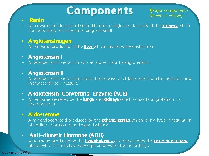  • Renin Components (Major components shown in yellow) - An enzyme produced and