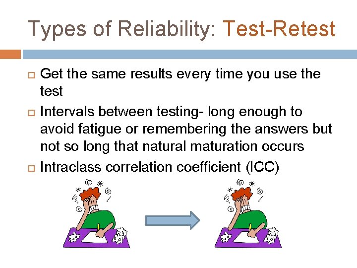 Types of Reliability: Test-Retest Get the same results every time you use the test
