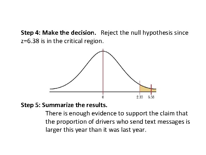 Step 4: Make the decision. Reject the null hypothesis since z=6. 38 is in