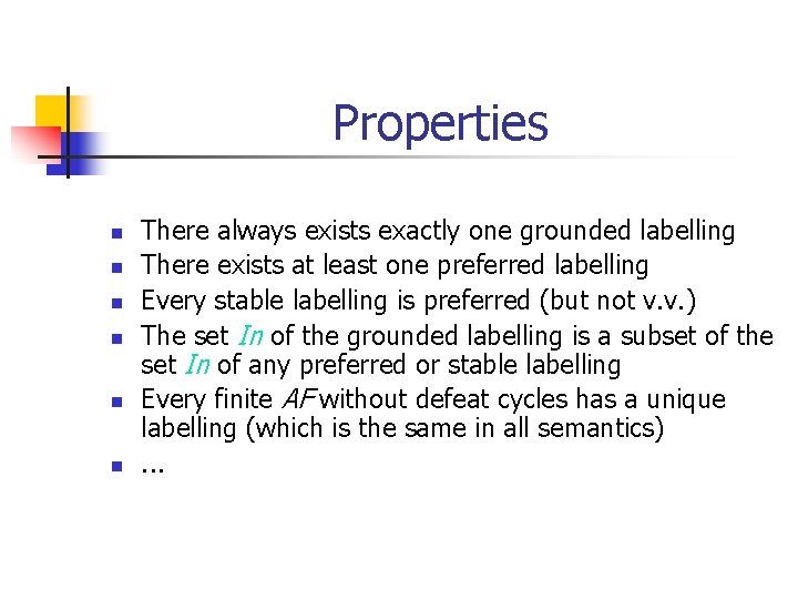 Properties n n n There always exists exactly one grounded labelling There exists at