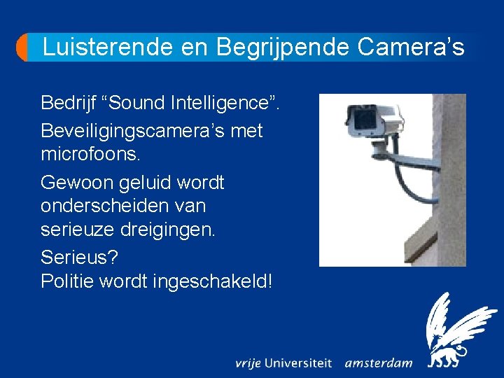 Luisterende en Begrijpende Camera’s Bedrijf “Sound Intelligence”. Beveiligingscamera’s met microfoons. Gewoon geluid wordt onderscheiden