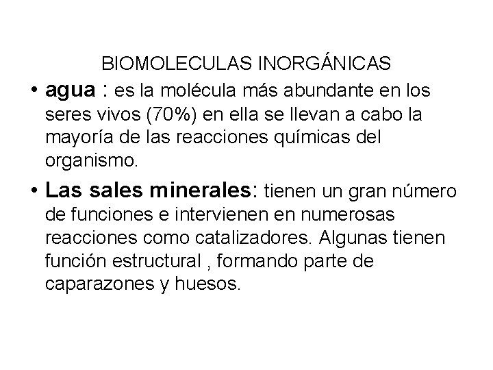 BIOMOLECULAS INORGÁNICAS • agua : es la molécula más abundante en los seres vivos BIOMOLECULAS INORGÁNICAS • agua : es la molécula más abundante en los seres vivos