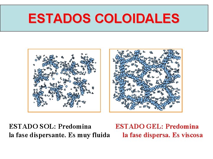 ESTADOS COLOIDALES ESTADO SOL: Predomina ESTADO GEL: Predomina la fase dispersante. Es muy fluida ESTADOS COLOIDALES ESTADO SOL: Predomina ESTADO GEL: Predomina la fase dispersante. Es muy fluida