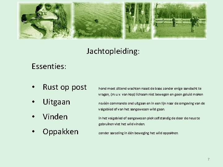 Inschrijfavond Jachtopleiding: Essenties: • Rust op post hond moet zittend wachten naast de baas