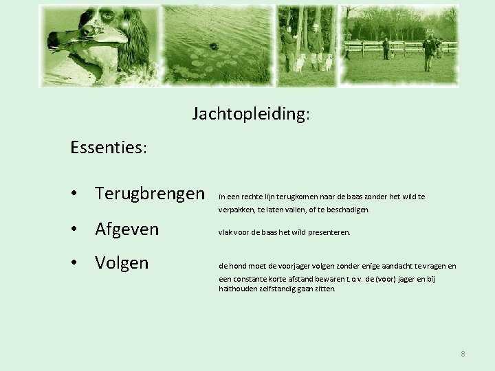 Inschrijfavond Jachtopleiding: Essenties: • Terugbrengen in een rechte lijn terugkomen naar de baas zonder