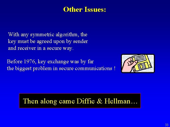 Other Issues: With any symmetric algorithm, the key must be agreed upon by sender