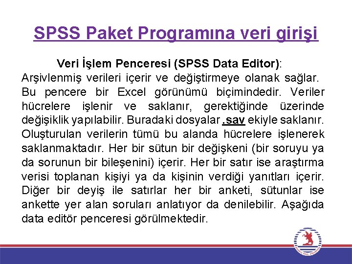SPSS Paket Programına veri girişi Veri İşlem Penceresi (SPSS Data Editor): Arşivlenmiş verileri içerir