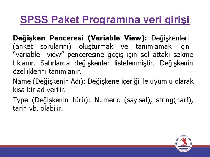 SPSS Paket Programına veri girişi Değişken Penceresi (Variable View): Değişkenleri (anket sorularını) oluşturmak ve