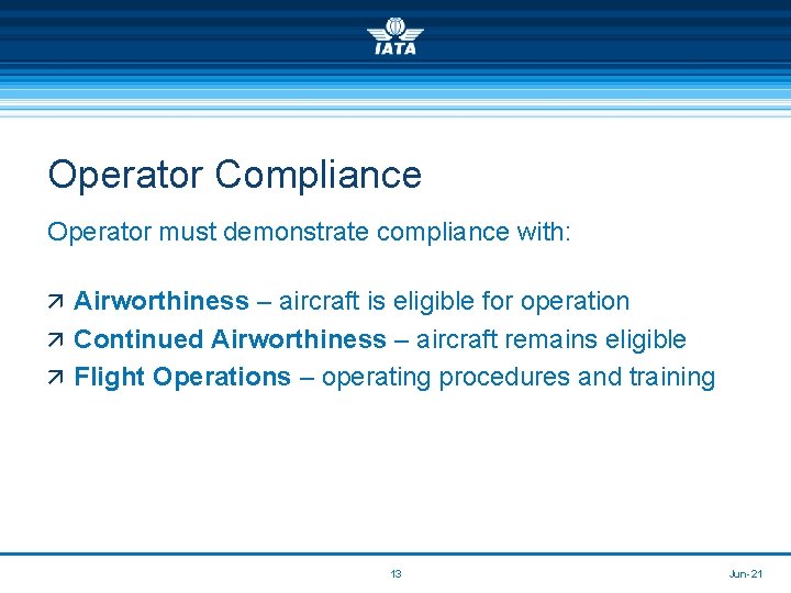 Operator Compliance Operator must demonstrate compliance with: ä Airworthiness – aircraft is eligible for