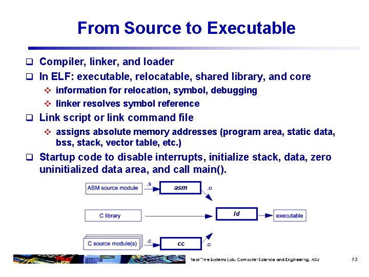 From Source to Executable q Compiler, linker, and loader q In ELF: executable, relocatable,
