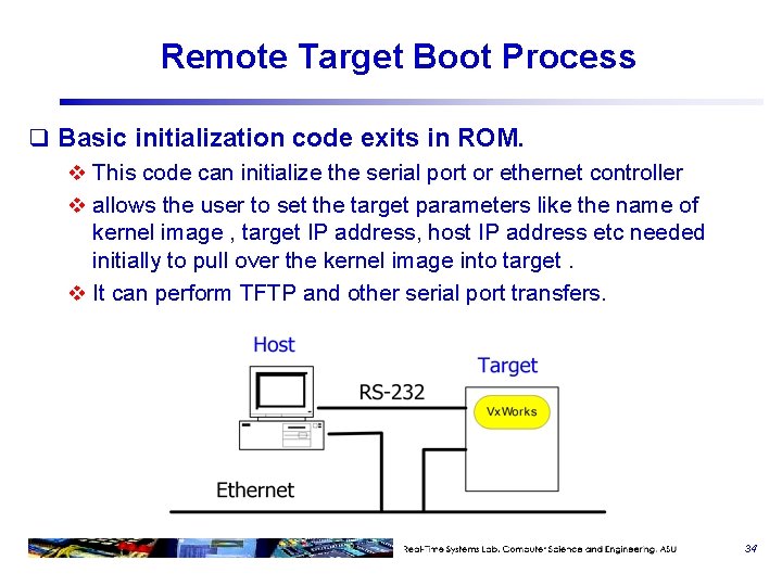 Remote Target Boot Process q Basic initialization code exits in ROM. v This code