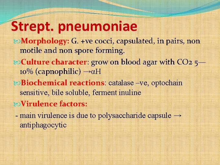 Strept. pneumoniae Morphology: G. +ve cocci, capsulated, in pairs, non motile and non spore