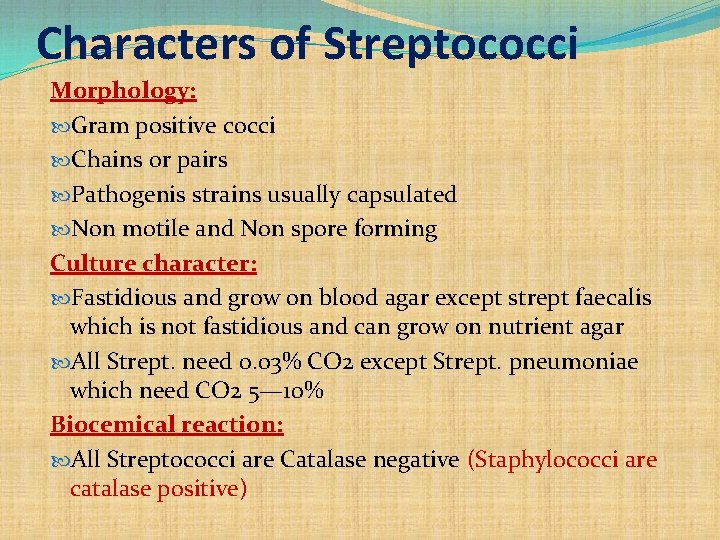 Characters of Streptococci Morphology: Gram positive cocci Chains or pairs Pathogenis strains usually capsulated