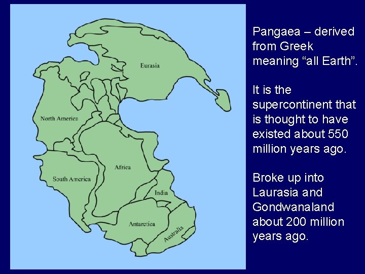 Pangaea – derived from Greek meaning “all Earth”. It is the supercontinent that is
