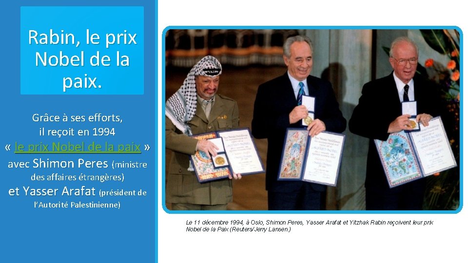 Rabin, le prix Nobel de la paix. Grâce à ses efforts, il reçoit en