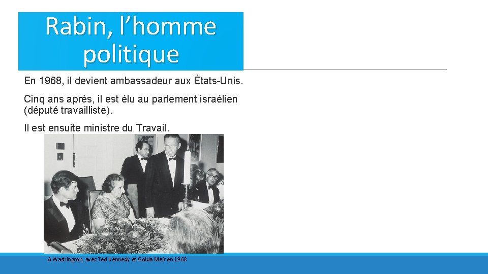 Rabin, l’homme politique En 1968, il devient ambassadeur aux États-Unis. Cinq ans après, il