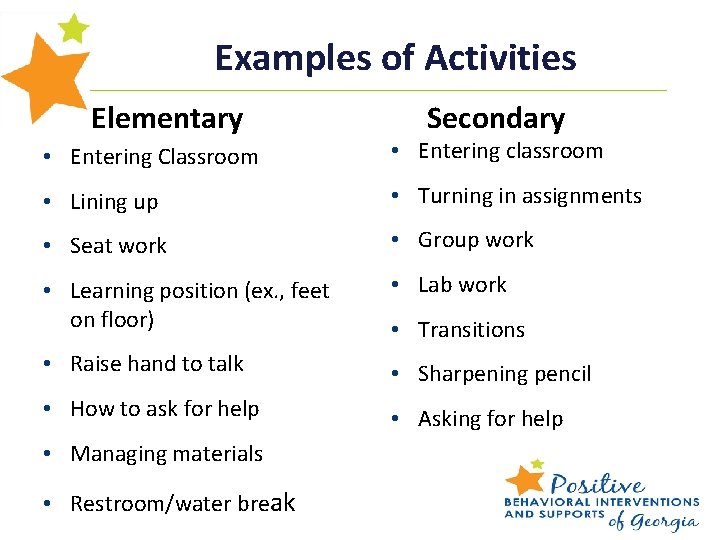 Examples of Activities Elementary Secondary • Entering Classroom • Entering classroom • Lining up