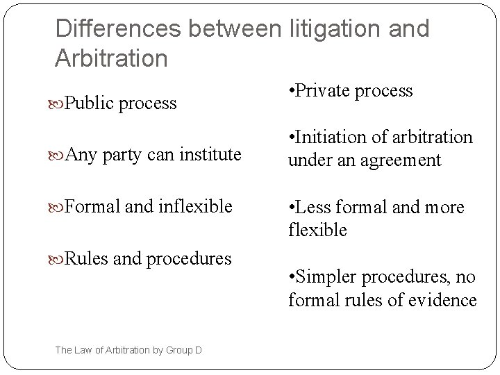 Differences between litigation and Arbitration Public process Any party can institute Formal and inflexible