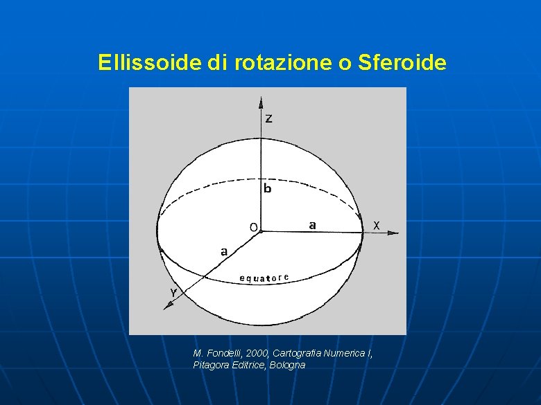 Ellissoide di rotazione o Sferoide M. Fondelli, 2000, Cartografia Numerica I, Pitagora Editrice, Bologna