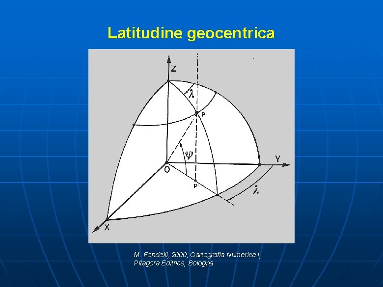 Latitudine geocentrica M. Fondelli, 2000, Cartografia Numerica I, Pitagora Editrice, Bologna 