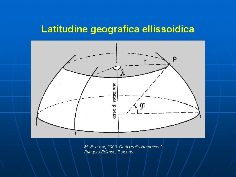 Latitudine geografica ellissoidica M. Fondelli, 2000, Cartografia Numerica I, Pitagora Editrice, Bologna 