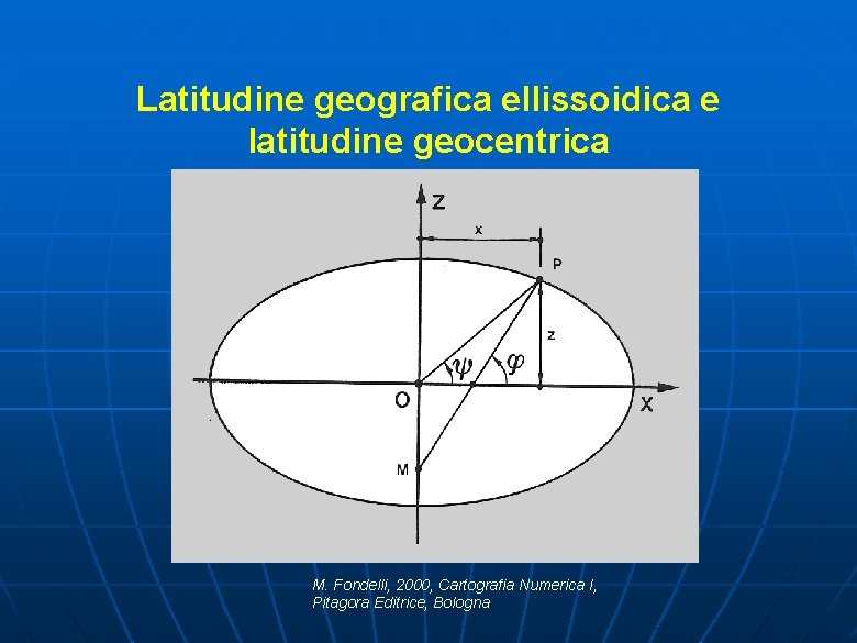 Latitudine geografica ellissoidica e latitudine geocentrica M. Fondelli, 2000, Cartografia Numerica I, Pitagora Editrice,