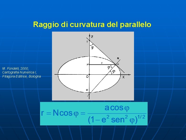 Raggio di curvatura del parallelo M. Fondelli, 2000, Cartografia Numerica I, Pitagora Editrice, Bologna