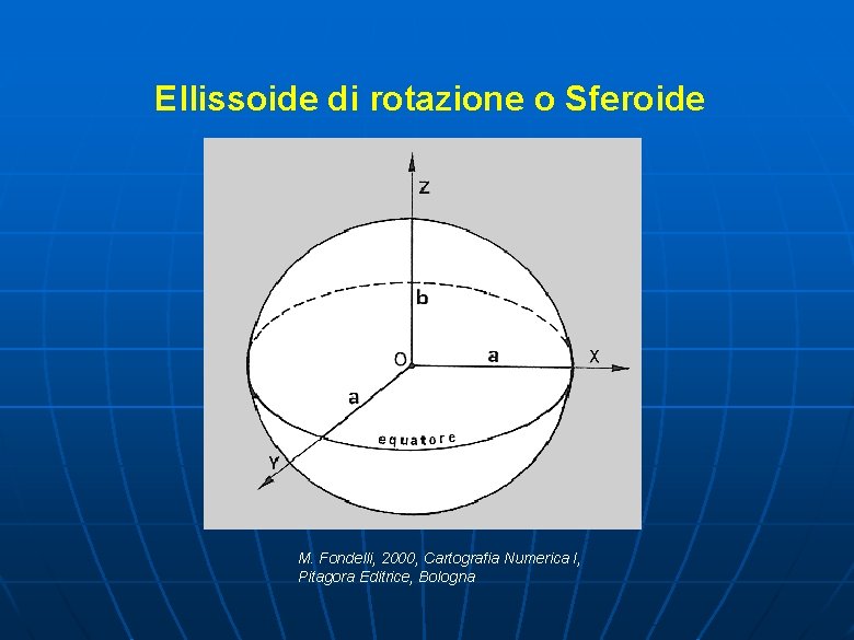 Ellissoide di rotazione o Sferoide M. Fondelli, 2000, Cartografia Numerica I, Pitagora Editrice, Bologna