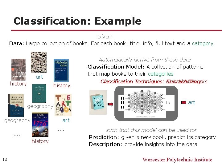 Classification: Example Given Data: Large collection of books. For each book: title, info, full Classification: Example Given Data: Large collection of books. For each book: title, info, full