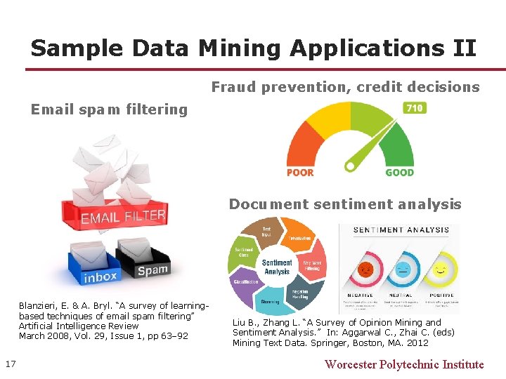Sample Data Mining Applications II Fraud prevention, credit decisions Email spam filtering Document sentiment Sample Data Mining Applications II Fraud prevention, credit decisions Email spam filtering Document sentiment