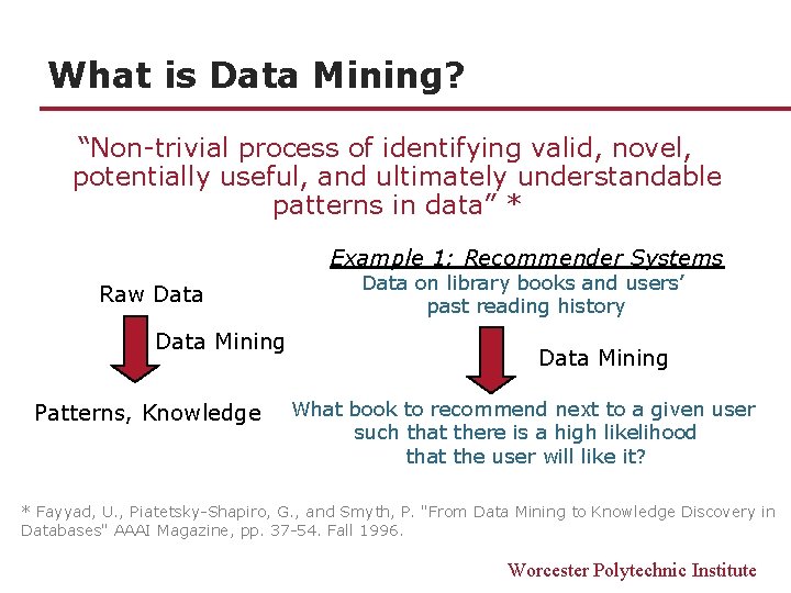 What is Data Mining? “Non-trivial process of identifying valid, novel, potentially useful, and ultimately What is Data Mining? “Non-trivial process of identifying valid, novel, potentially useful, and ultimately