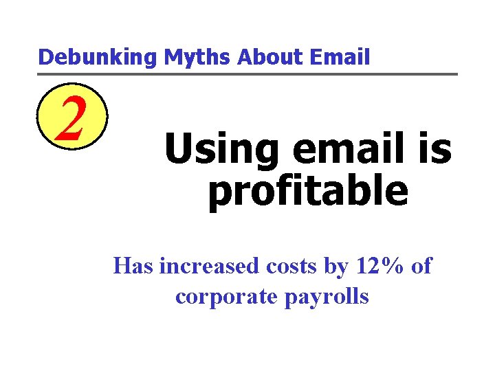 Debunking Myths About Email 2 Using email is profitable Has increased costs by 12%
