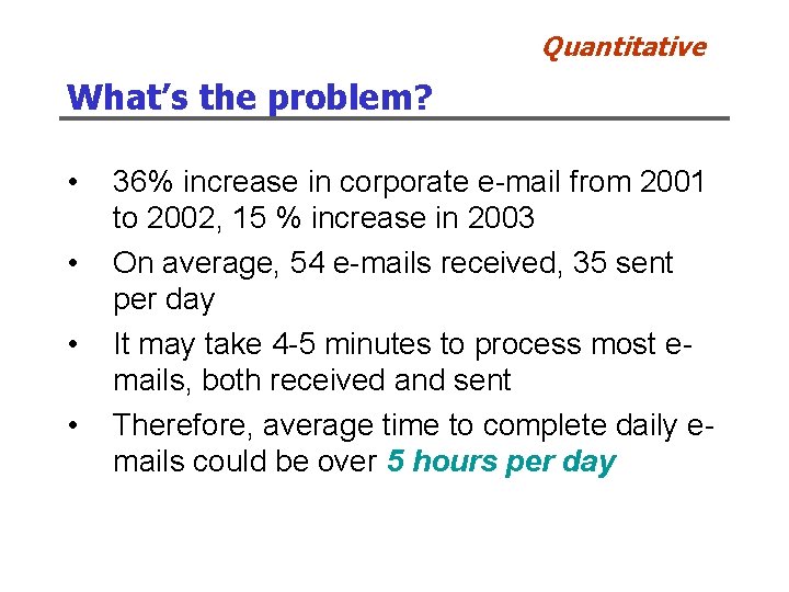 Quantitative What’s the problem? • • 36% increase in corporate e-mail from 2001 to